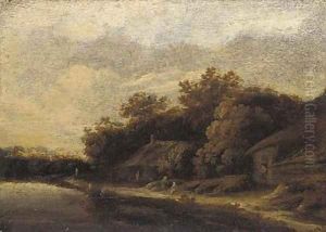 A river landscape with peasants by cottages by Guillaum Dubois