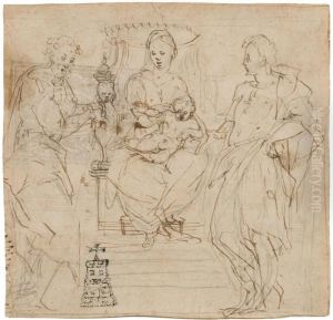 Madonna Enthroned With Child Jesus, Flanked By Two Saints. by Cristoforo Pomarancio (Roncalli)