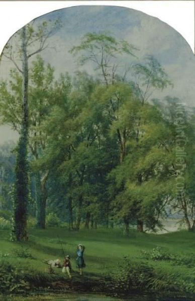 Figures Fishing By A Steam - view 1