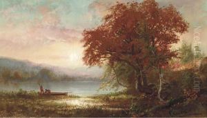Sunrise Over A Lake With Figures And Boat Onshore