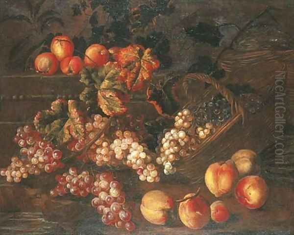 Grapes, peaches and baskets by a stone plinth - view 1