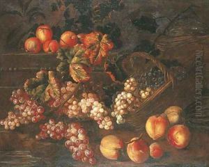 Grapes, peaches and baskets by a stone plinth