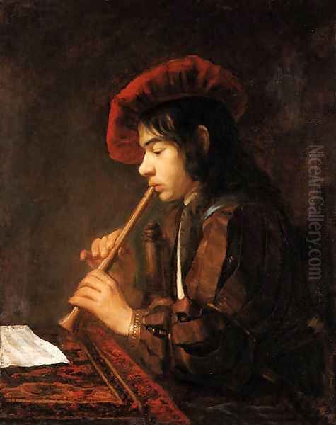 The Piping Boy portrait of a youth, half-length seated, playing a pipe, in a slashed doublet and a red hat - view 1