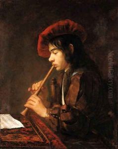 The Piping Boy portrait of a youth, half-length seated, playing a pipe, in a slashed doublet and a red hat by Abraham Van Dyck