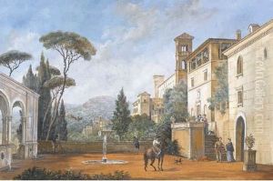 Cour Interieure D'une Villa Italienne Avec Personnages, Dont Un Cavalier