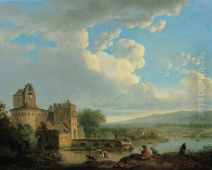 An extensive river landscape with a castle, an artist sketching on the bank in the foreground by Francis Leonard Dupont