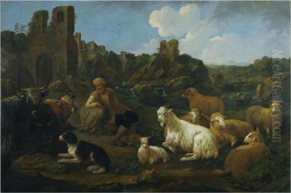 A Landscape With A Herder, Cattle, Sheep And A Dog In Theforeground - view 1