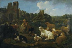 A Landscape With A Herder, Cattle, Sheep And A Dog In Theforeground by Jakob Roos
