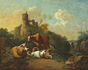 Sheep And Cattle In A Landscape With Ruins Inthe Distance by Jakob Roos