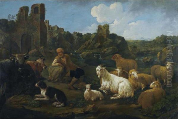 A Landscape With A Herder, Cattle, Sheep And A Dog In The Foreground - view 1