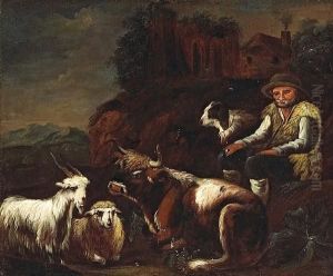 A Shepherd Resting With Farm Animals In Alandscape by Jakob Roos