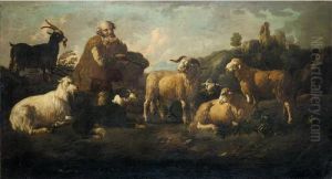 An Italianate Landscape With A Shepherd, And A Mixed Flock Of Sheep And Goats