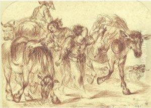 Country Scene With Two Women With Mules And A Man On Horseback by Jan I Roos