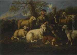 A Herder Resting With His Animals In A Landscape by Johann Melchior Roos