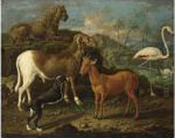 A Sheep, A Goat, A Lion, A Dog, A Flamingo And Ducks In A Landscape With Palm Trees - view 1