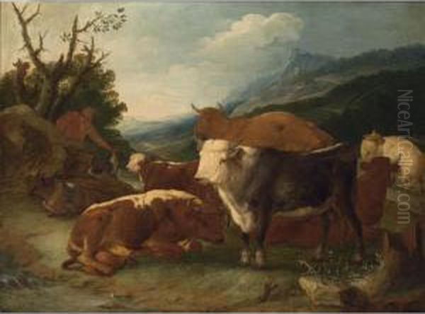 An Italianate Landscape With A Herdsman And His Cattle And Dog In A Meadow - view 1