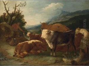 An Italianate Landscape With A Herdsman And His Cattle And Dog In A Meadow by Johann Melchior Roos