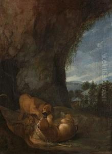 Lions Fighting In The Mouth Of A Cave, A Cheetah Looking On by Johann Melchior Roos
