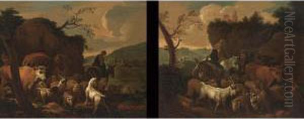 A Shepherdess On A Donkey And
Her Herd Travelling; A Shepherd And His Wife With Their Herd Resting (a
Pair) - view 1