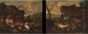 A Shepherdess On A Donkey And
Her Herd Travelling; A Shepherd And His Wife With Their Herd Resting (a
Pair) by Johann Melchior Roos
