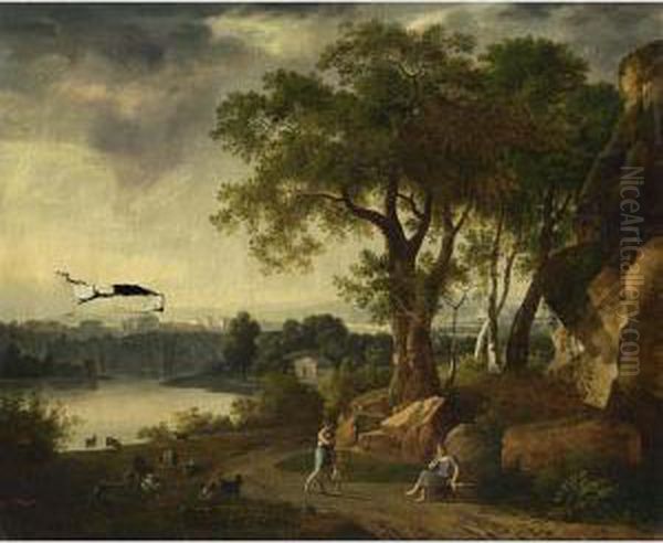 A Pastoral Landscape With A Shepherdess Guarding Her Sheep - view 1