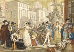 The Plaza de la Provincia, Madrid, with a crowd watching an elegant couple dance