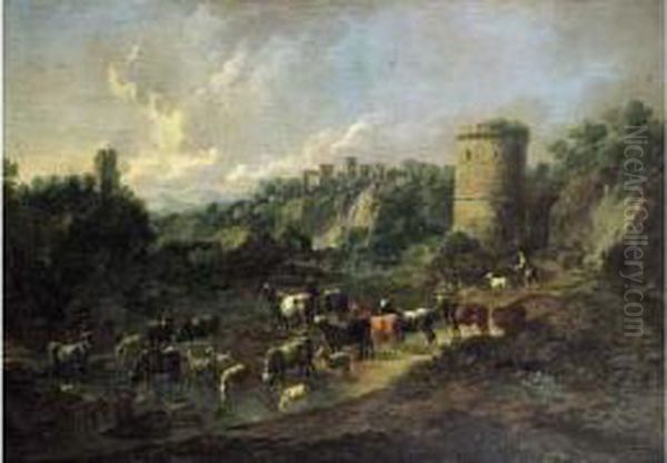  Paysage Italien Avec Paysan Et Troupeau Au Bord D'une Mare  - view 1
