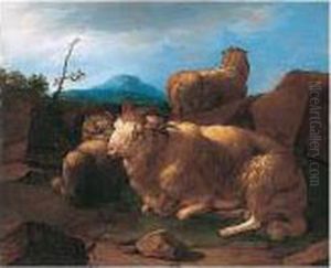 A Ram And Ewes In A Rocky Landscape A Ram And Ewes In A Rocky Landscape