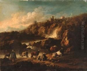 A Mountainous Landscape With A Drover By A River by Johann Melchior Roos