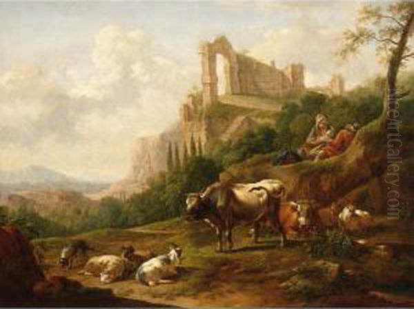 A Family Of Herdsmen And Their Cattle, With A Classical Ruin To The Background - view 1