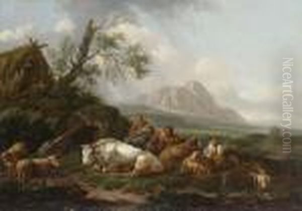 Lagernde Hirtenfamilie Mit Vieh
Nahe Einer Strohgedeckten Hutte In Weiter
Gebirgslandschaft. - view 1