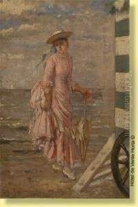 Jeune Femme A La Robe Rose Se Rendant by Albert Roosenboon