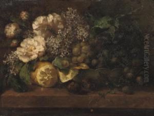 Pink Roses, Lilacs And Grapes On A Ledge by Margaretha Roosenboom