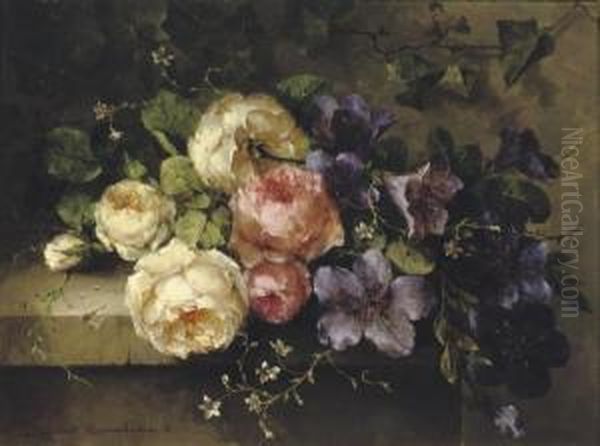Bouquet De Roses Et De Mauves Sur Une Tablette: A Mixed Bouquet On A Ledge - view 1
