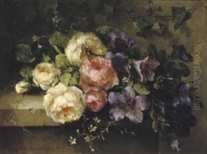 Bouquet De Roses Et De Mauves Sur Une Tablette: A Mixed Bouquet On A Ledge by Margaretha Roosenboom