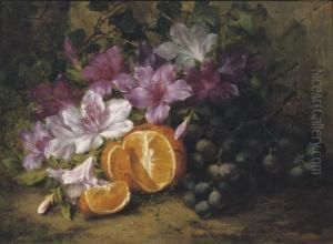 Blue Grapes An Orange And Purple Rhododendrons by Margaretha Roosenboom