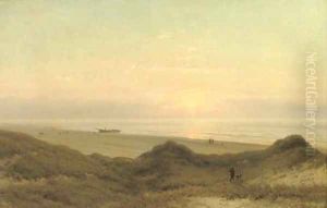 On the beach at sunset by Johannes Josephus Destree
