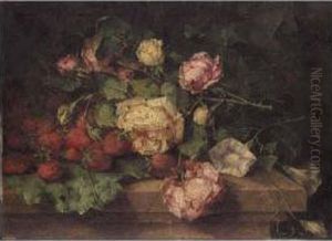 Still Life Of Roses And Strawberries by Margaretha Roosenboom