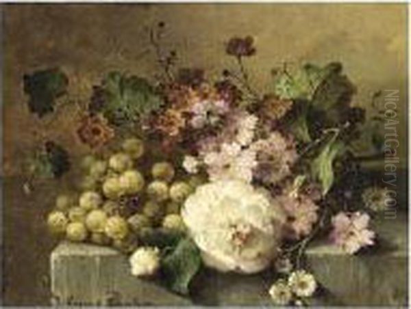 A Still Life With Flowers And Grapes On A Ledge by Margaretha Roosenboom