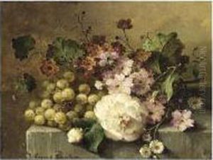 A Still Life With Flowers And Grapes On A Ledge by Margaretha Roosenboom
