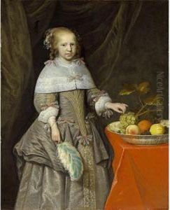 A Portrait Of An Eight-year Old 
Girl, Standing Three-quarter Length, Wearing A Silver-grey Silk Dress 
With Coloured Ribbons, White Lace Cuffs And Collar, Pearl Earrings And 
Necklace, Standing Beside A Table Covered With A Red Tablecloth With A 
Wan