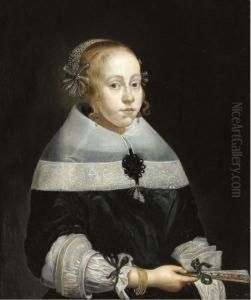 Portrait Of A Young Lady, Bust-length, In A Black Dress With A Fanin Her Hand