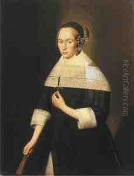 Portrait Of A Young Lady, Aged
24, Three-quarter-length, In A Blackdress With A White Lace Collar, A
Lace Head-dress And Dropearrings, Holding A Fan - view 1