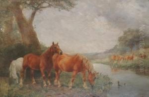 Horses By A Stream 'g.t.rope' (lower Right) by George Thomas Rope