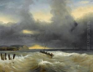 Kustenpartie Mit Boot Im Sturm. by Camille-Joseph-Etienne Roqueplan