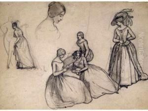 Jeunes Filles Lisant Crayon Sur 
Papier Etude Pour Le Tableau Du Musee De Grasse. 24.70 X 32.50 Cm