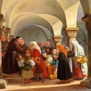 Alms. Monks Distributing Food To The Poor In An Italian Cloister.