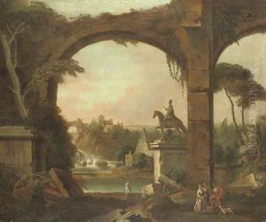 An architectural capriccio with Roman ruins and figures conversing in the foreground by William Delacour