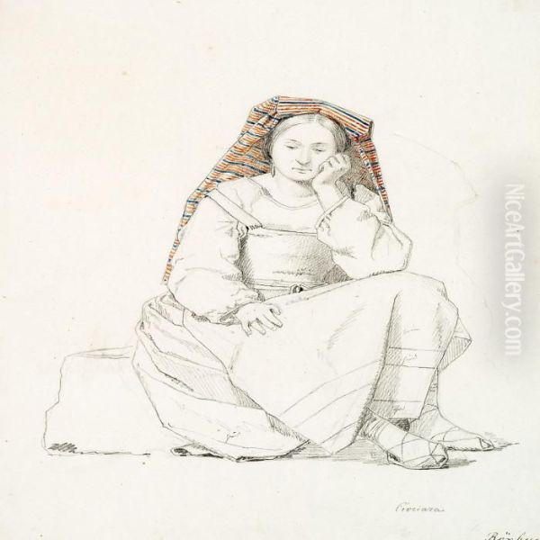 Sitting Italian Woman Wearing A Striped Headscarf - view 1