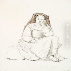 Sitting Italian Woman Wearing A Striped Headscarf